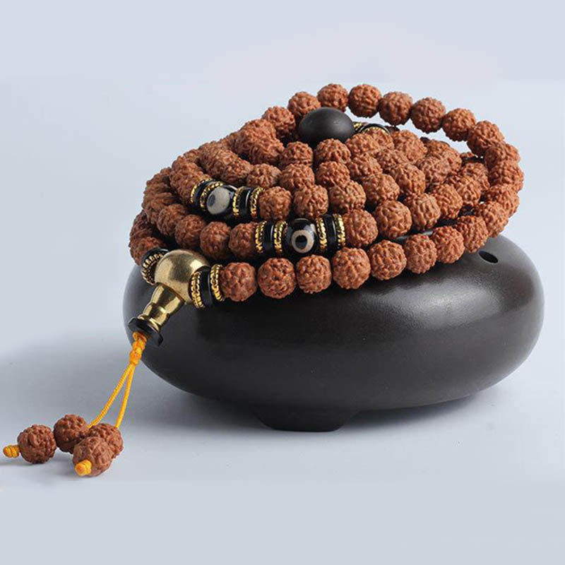 Mythstone 108 Mala Beads Rudraksha Bodhi Seed Dzi Bead Luck Wealth Bracelet