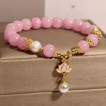 Mythstone Pink Jade Pearl Lotus Charm Harmony Bracelet