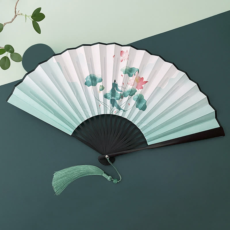 Mythstone Retro Lotus Flower Leaf Mountain Lake Handheld Folding Fan With Bamboo Frames