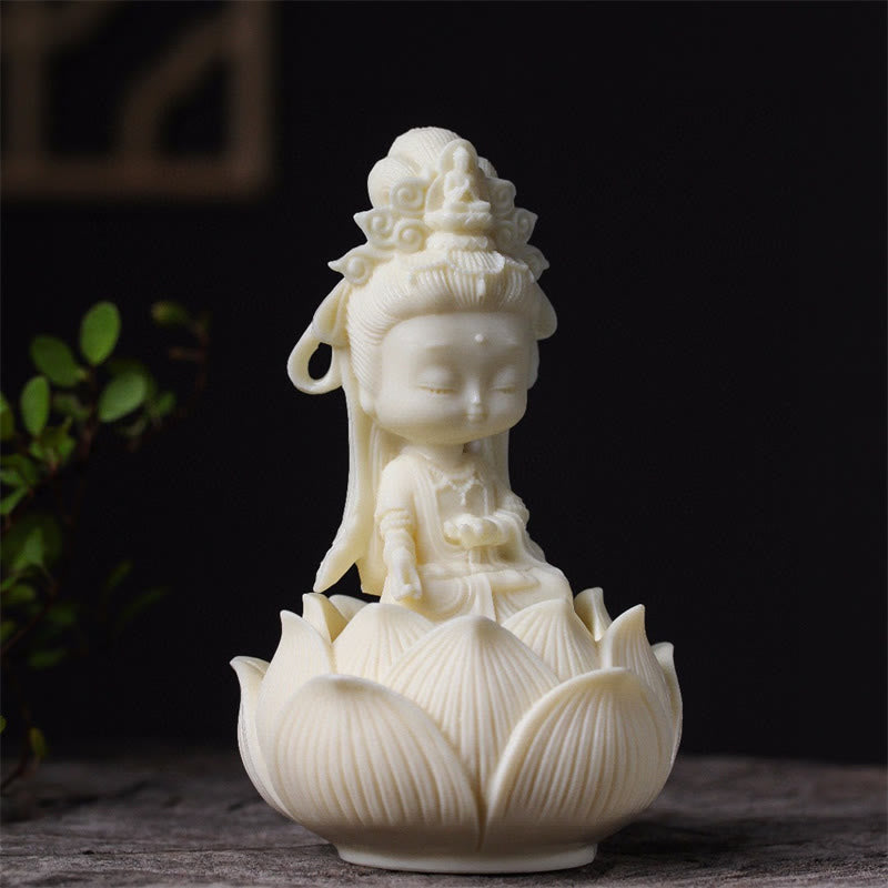 Mythstone Mini Ivory Fruit Kwan Yin Avalokitesvara Lotus Wealth Desk Decoration