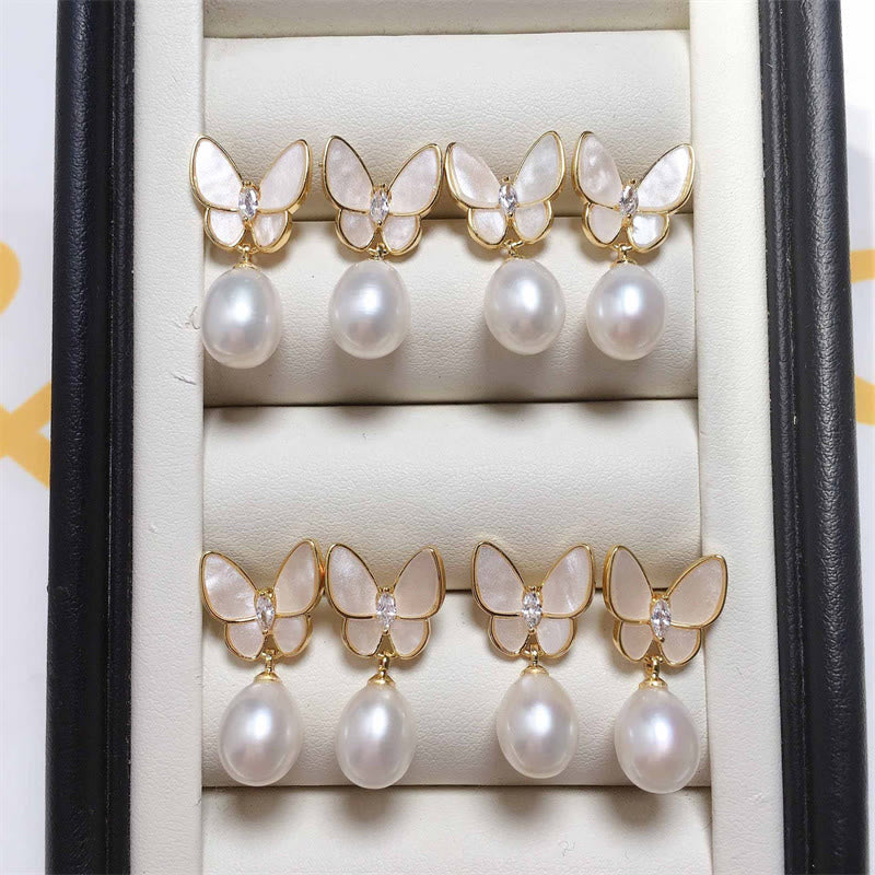 Mythstone 925 Sterling Silver Posts 18K Gold Plated Copper Pearl Butterfly Optimism Stud Earrings