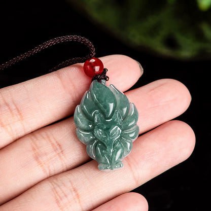 Mythstone Natural Green Jade Nine-Tailed Fox Luck Necklace Pendant