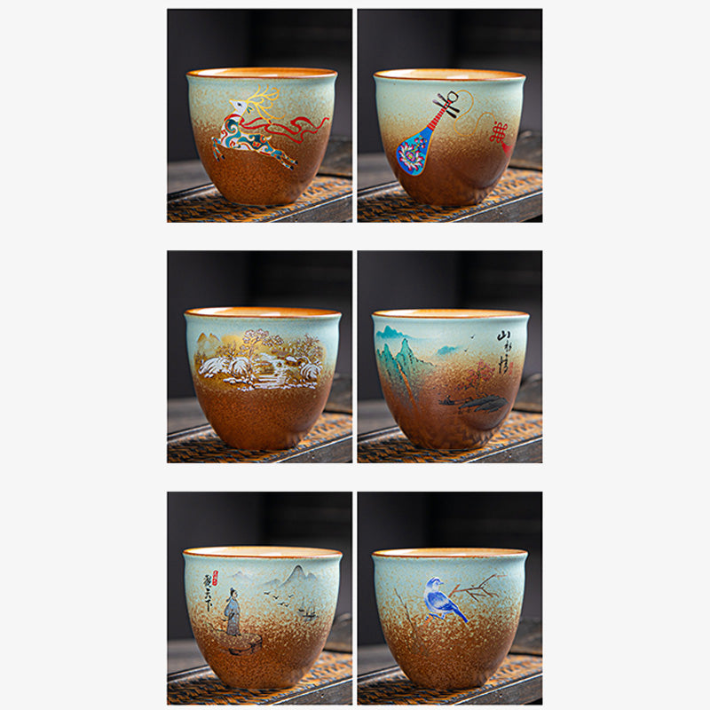 Mythstone Colorful Deer Pipa Snow Plum Blossoms Mountains Rivers Bird Ceramic Teacup Kung Fu Tea Cup Bowl