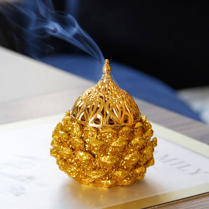 Mythstone Gold Pine Cone Pattern Spiritual Rituals Mini Incense Burner Home Tabletop Decor