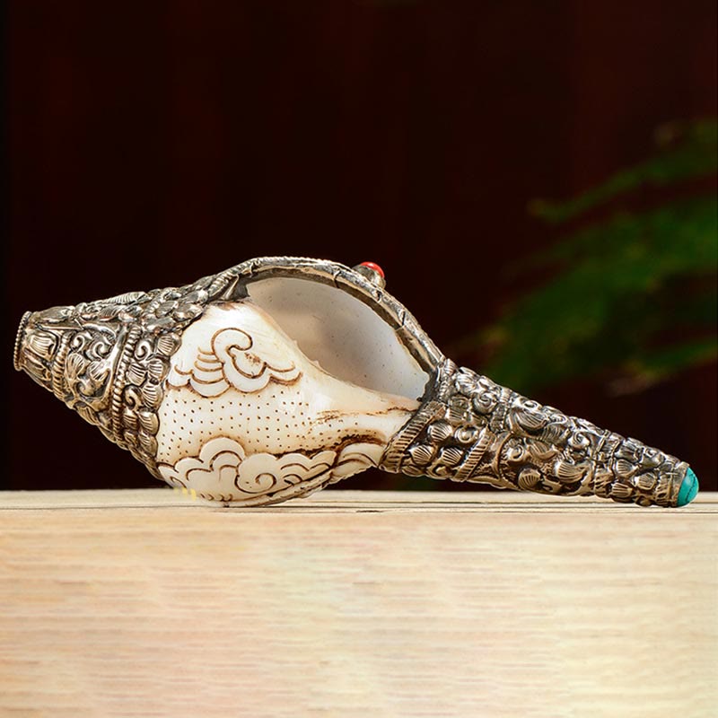 Mythstone Tibetan Handmade Engraved Shankha Buddha Conch Shell Wealth Positive Decoration