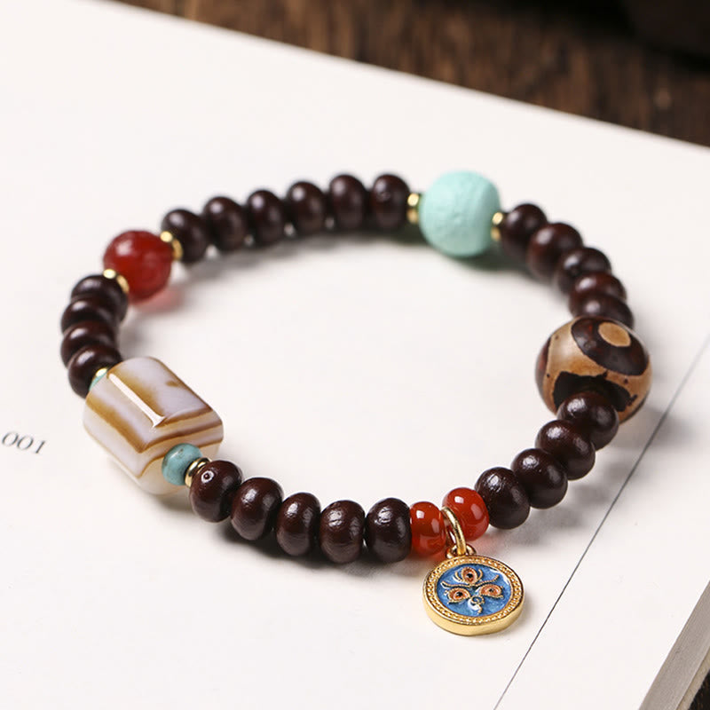 Mythstone Natural Tibet Purple Bodhi Seed Dzi Bead God of Wealth Wisdom Bracelet