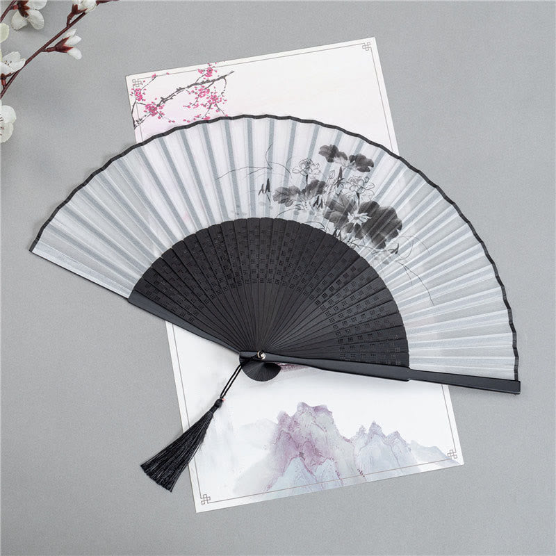 Mythstone Mountains Plum Blossom Lotus Magpie Bamboo Leaves Handheld Silk Bamboo Folding Fan 22.5cm