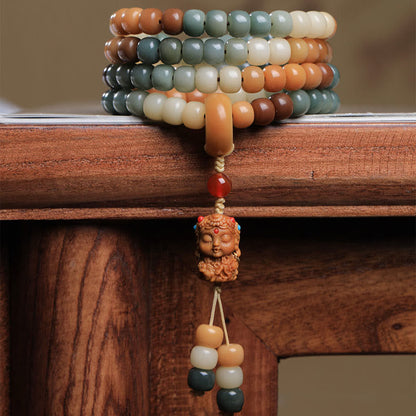 Mythstone 108 Mala Beads Gradient Bodhi Seed Green Tara Buddha Engraved Peace Harmony Bracelet