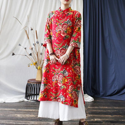 Mythstone Red Blue Peony Midi Dress Half Sleeve Cotton Linen Dress Wide Leg Pants With Pockets