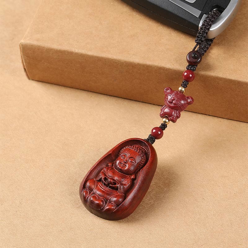 Llavero con amuleto de protección del zodíaco chino con forma de Buda de cinabrio y sándalo rojo y hoja pequeña de piedra mitológica