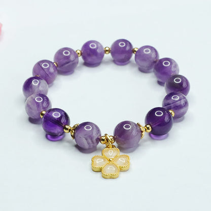 Mythstone Natural Amethyst Crystal Inner Peace Four Leaf Clover Charm Bracelet