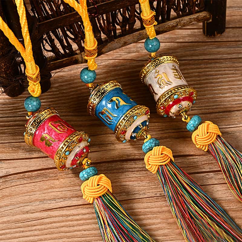 Mythstone Tibet Om Mani Padme Hum Prayer Wheel Colorful Tassels Bag Car Hanging Decoration