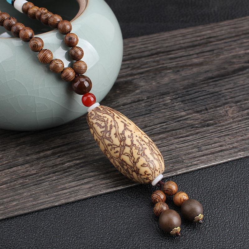 Mythstone Tibetan Wenge Wood Bodhi Seed Agate Balance Peace Necklace Pendant