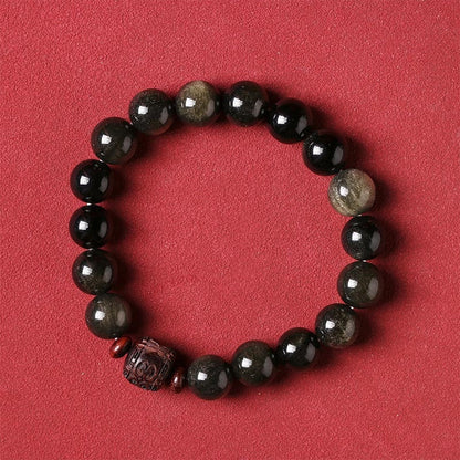 Pulsera curativa con personaje Om Mani Padme Hum Fu y obsidiana arcoíris con brillo dorado natural de Mythstone 