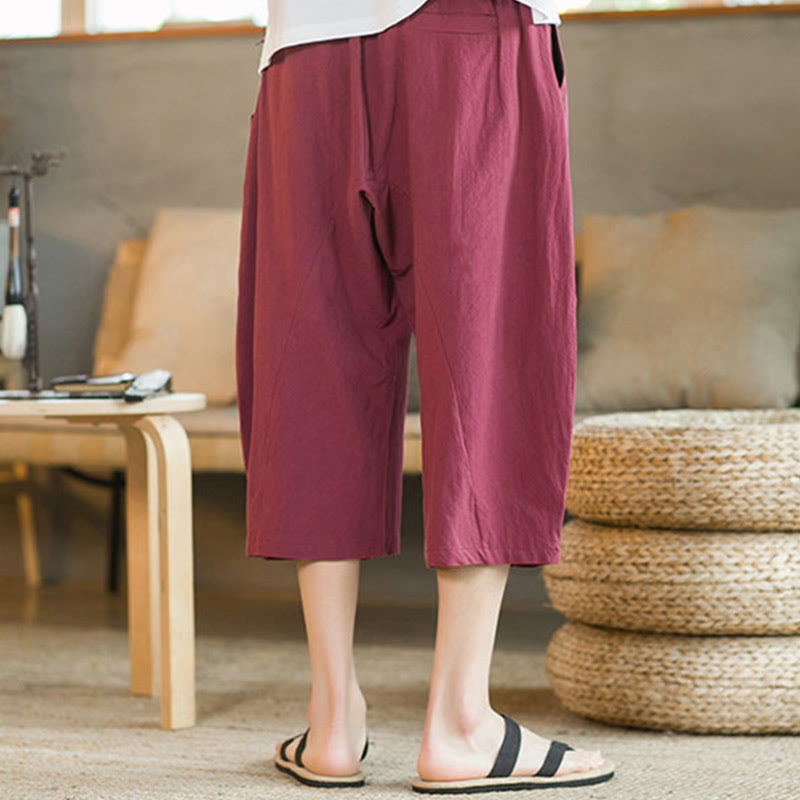 Mythstone Solid Color Mid-Length Wide Leg Pants Cotton Men's Wide Leg Pants With Pockets