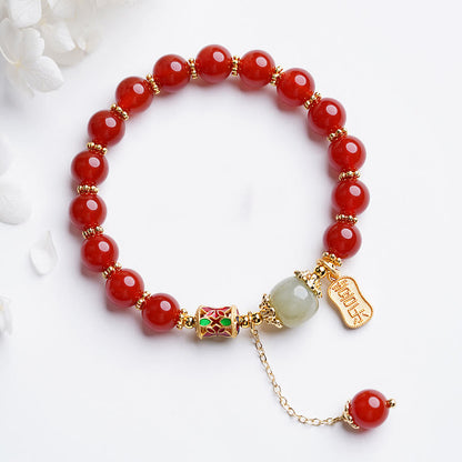 Mythstone Natural Red Agate Hetian Jade Fu Character Confidence Charm Bracelet