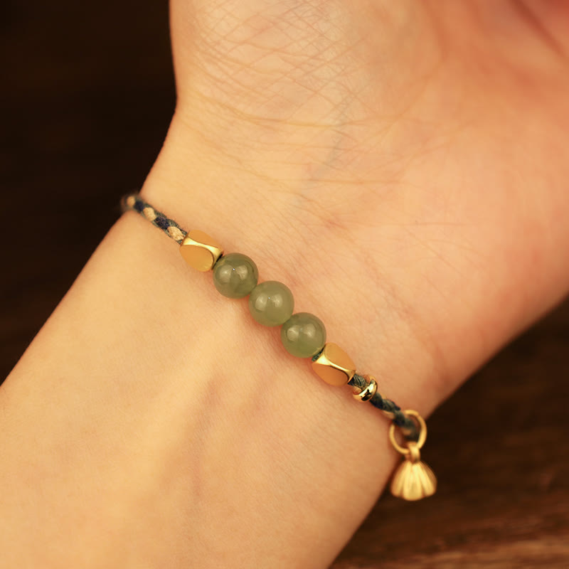 Mythstone Handcrafted Hetian Jade Lotus Charm Luck Braided Bracelet