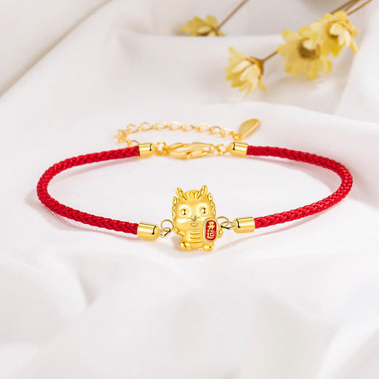 Mythstone 925 Sterling Silver Year Of The Dragon Lucky Golden Dragon Strength Red Rope Chain Bracelet