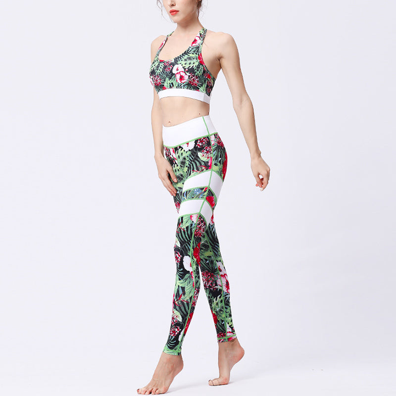 Mythstone 2Pcs Sunflower Flowers Leaves Print Top Pants Sports Fitness Yoga Women's Yoga Sets