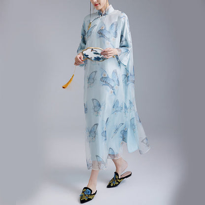 Mythstones 100% Mulberry Silk Organza Blue Butterfly Print Qipao Cheongsam Dress