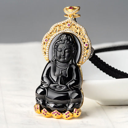 Colgante de plata de ley 925 con jade negro natural y símbolo de la riqueza de Kwan Yin Avalokitesvara