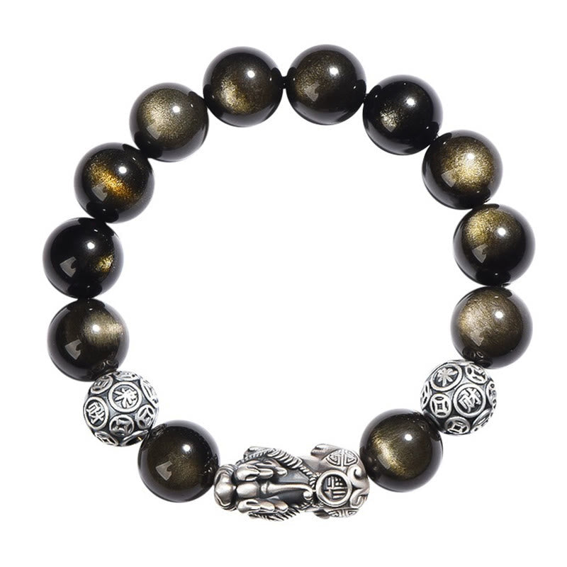 Mythstone 925 Sterling Silver Natural Gold Sheen Obsidian PiXiu Wealth Protection Bracelet