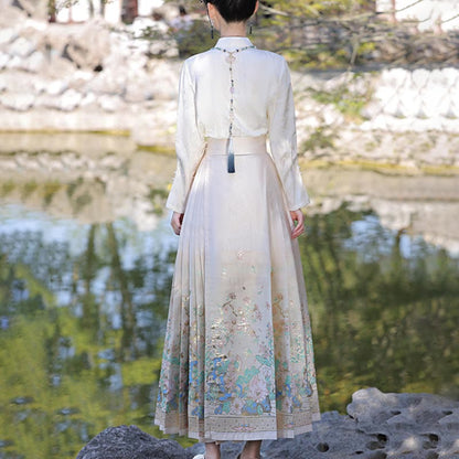 Mythstone Beige Summer Lotus Flowers Pond Printed Chinese Hanfu Horse Face Skirt Mamianqun