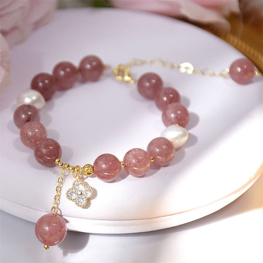 Mythstone Natural Strawberry Quartz Pearl Four Leaf Clover Love Bracelet