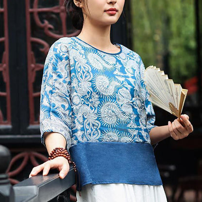 Mythstone Blue Flowers Three Quarter Sleeve Top Casual Tee T-shirt