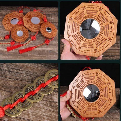 Mythstone Feng Shui Bagua Map Peach Wood Five-Emperor Coins Chinese Knotting Balance Energy Map Mirror