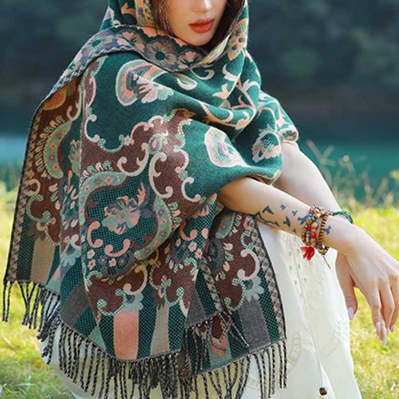 Mythstone Tibetan Flowers Leaves Branch Design Tassel Shawl Cozy Travel Scarf Wrap