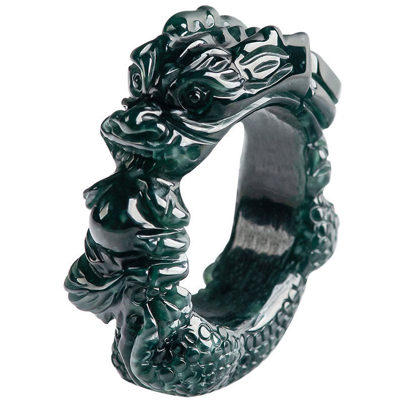 Mythstone Natural Cyan Jade Dragon Carved Success Ring