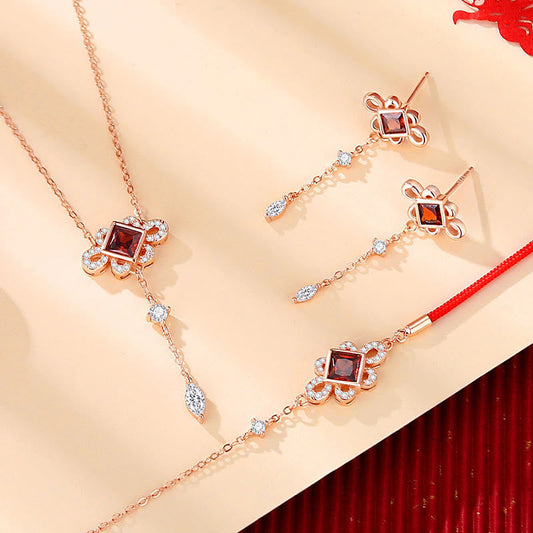 Mythstone 925 Sterling Silver Chinese Knotting Red Zircon Wealth Necklace Pendant Bracelet Earrings Set