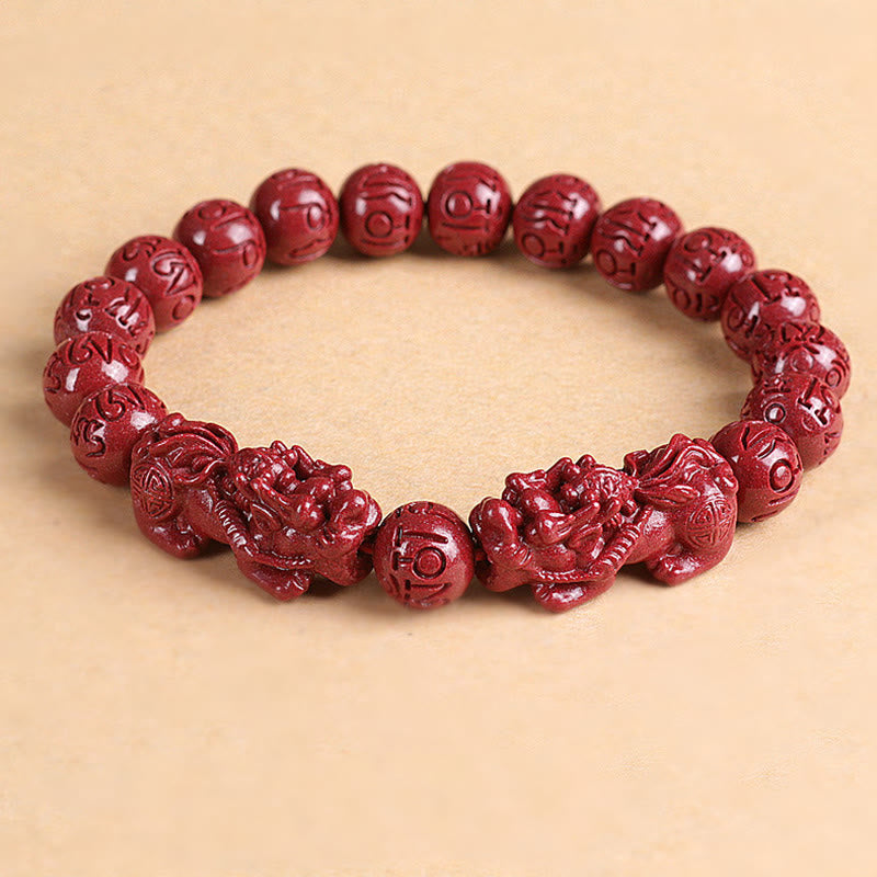 Mythstone Natural Double PiXiu Cinnabar Om Mani Padme Hum Wealth Luck Bead Bracelet