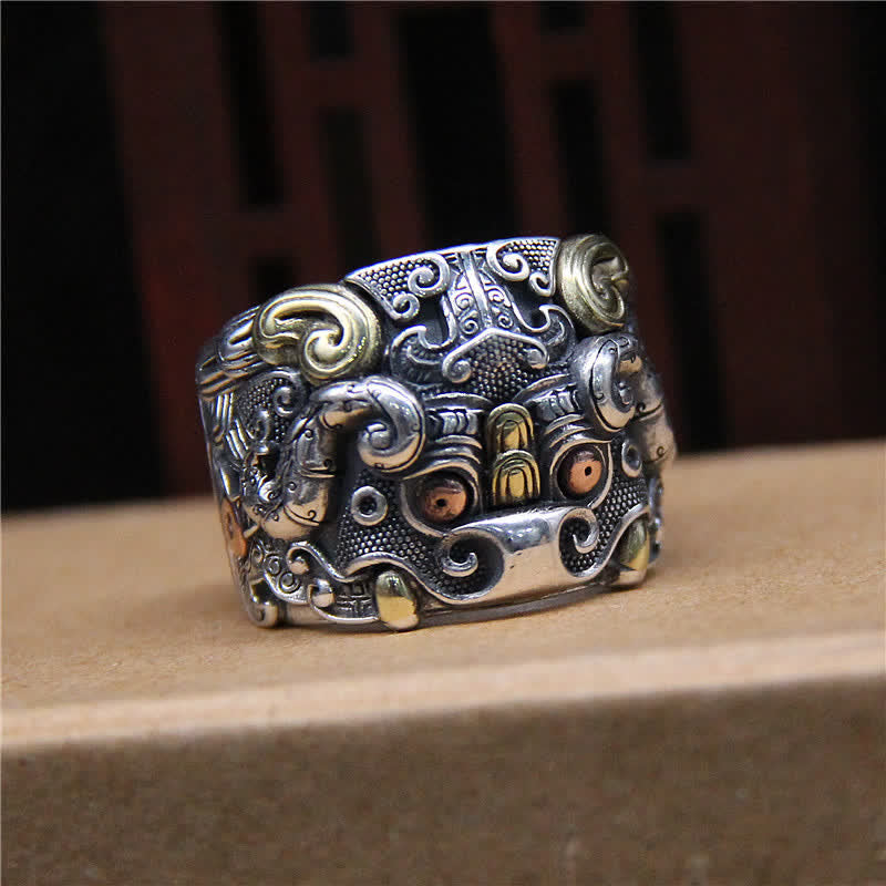 Mythstone 925 Sterling Silver Fengshui Kui Cattle Protection Adjustable Ring