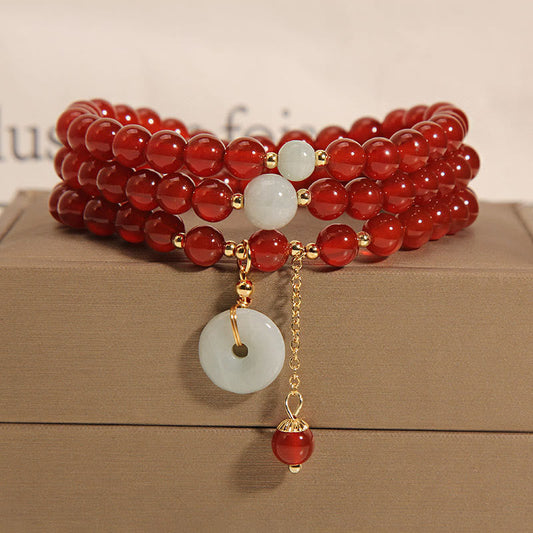 MythStone Natural Red Agate Jade Peace Buckle Calm Triple Wrap Bracelet