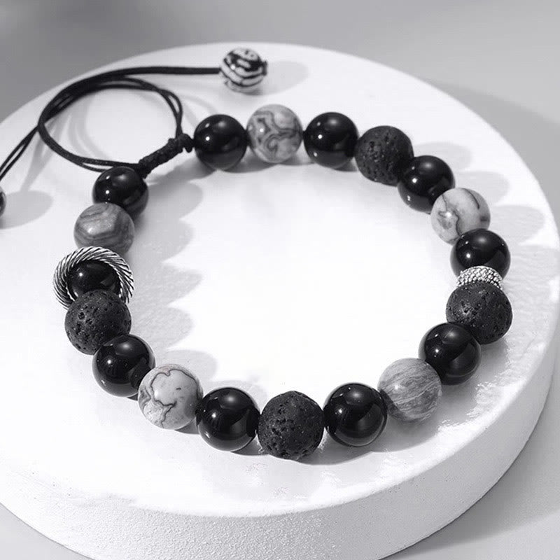 Mythstone Vintage Lava Rock Black OMythstoneidian Picasso Jasper Beads Support Rope Bracelet