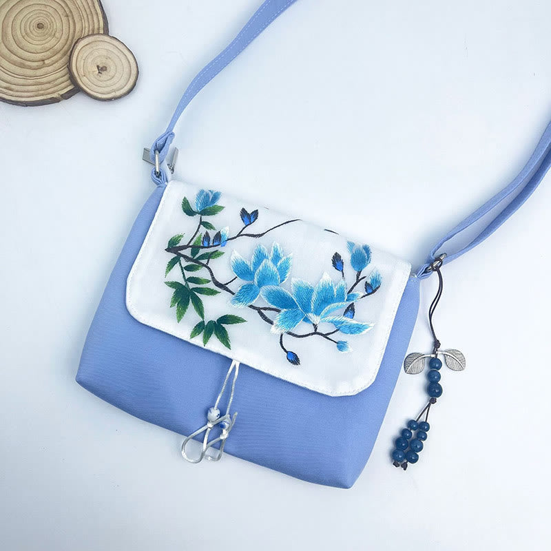 Bolso bandolera con bordado de camelia, epifilo, gardenia y flores de cerezo de Mythstone, bolso de hombro, bolso para teléfono móvil