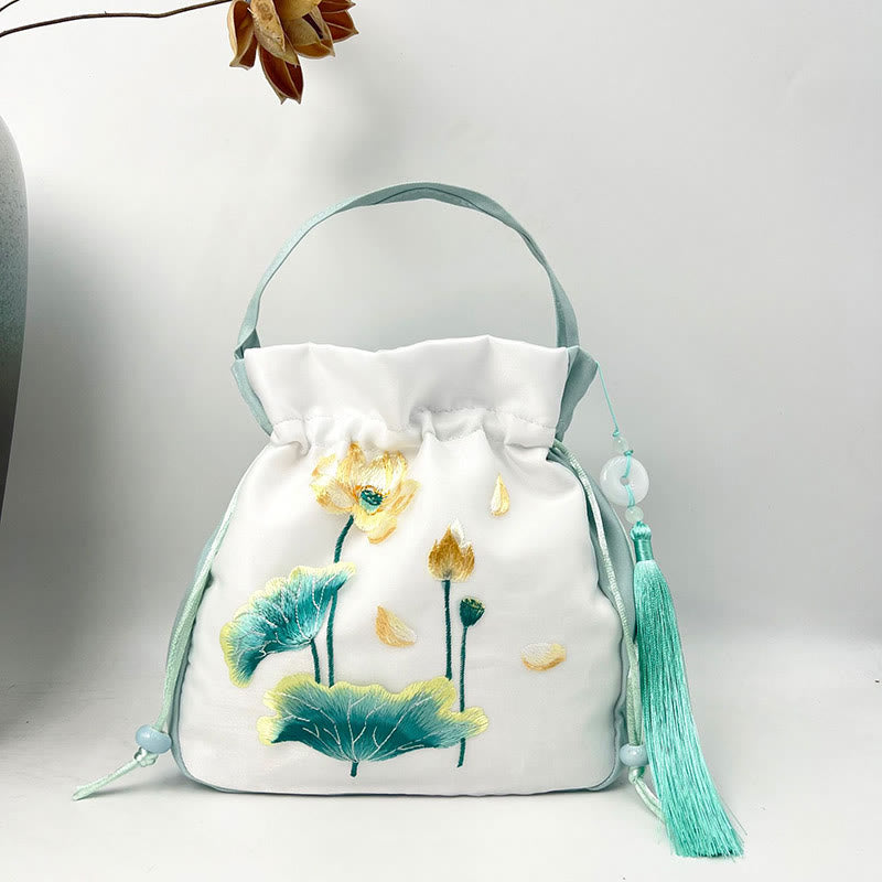 Mythstone Suzhou Embroidery Rabbit Lotus Epiphyllum Peony Magnolia Silk Tote Crossbody Bag Shoulder Bag Handbag