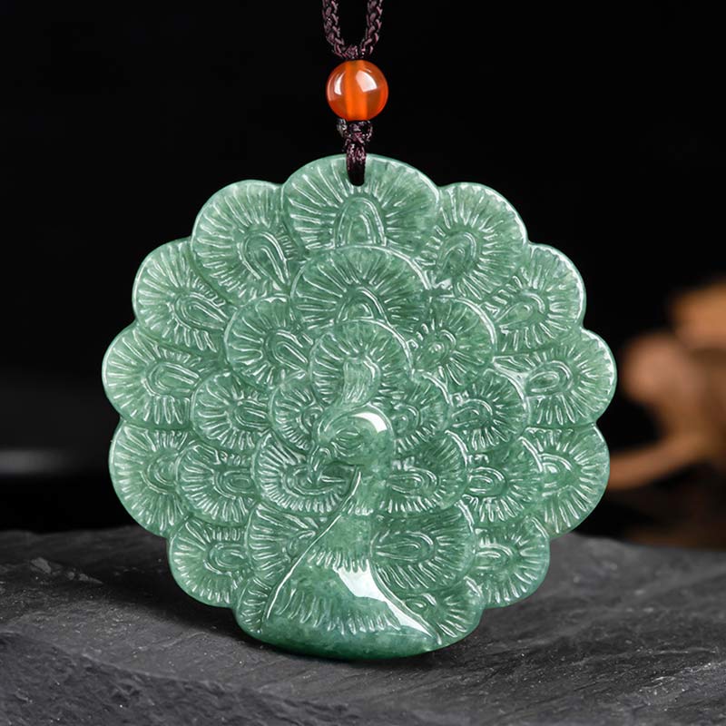 Mythstone Natural Jade Peacock Luck Prosperity Necklace Pendant