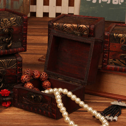 Mythstone Retro Small Square Wood Jewelry Box Lotus Grass Flower Grape Copper Coin Daffodil Jewelry Storage Box