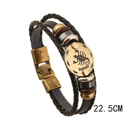 12 Constellations of the Zodiac Hematite Leather Charm Bracelet