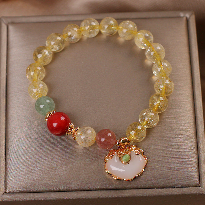 Mythstone Natural Citrine White Jade Strawberry Quartz Protection Charm Bracelet