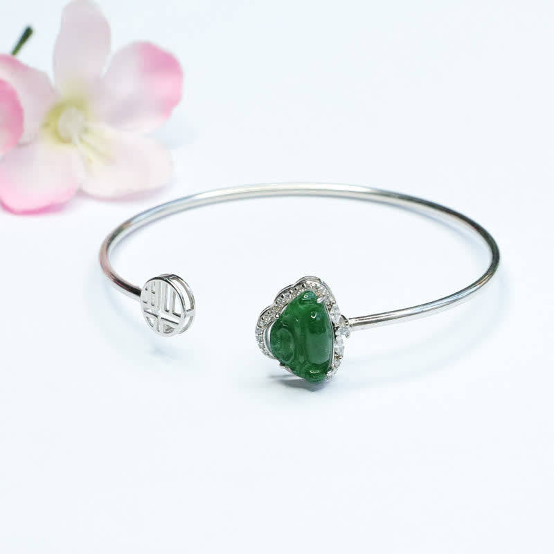 Mythstone 925 Sterling Silver Laughing Buddha Jade Luck Bracelet Bangle