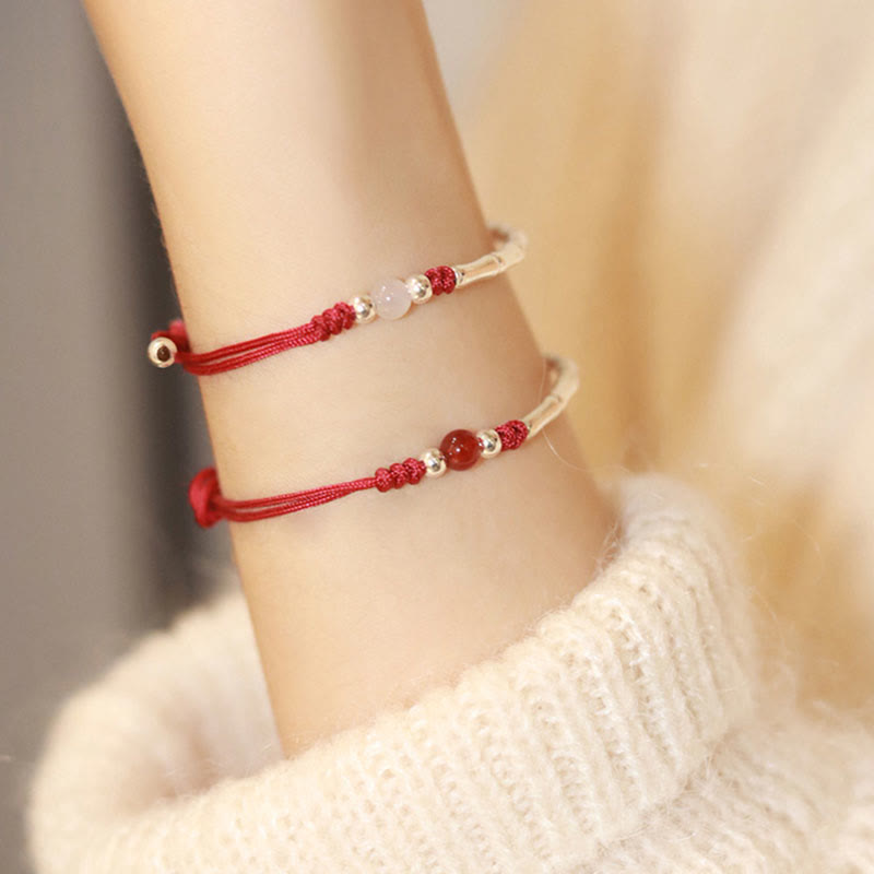 Mythstone 925 Sterling Silver Bamboo White Agate Red Agate Bead Protection String Braided Bracelet