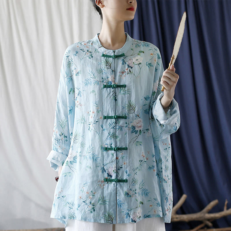 Mythstone Light Green Pink Flowers Green Leaves Frog-Button Long Sleeve Ramie Linen Jacket Shirt