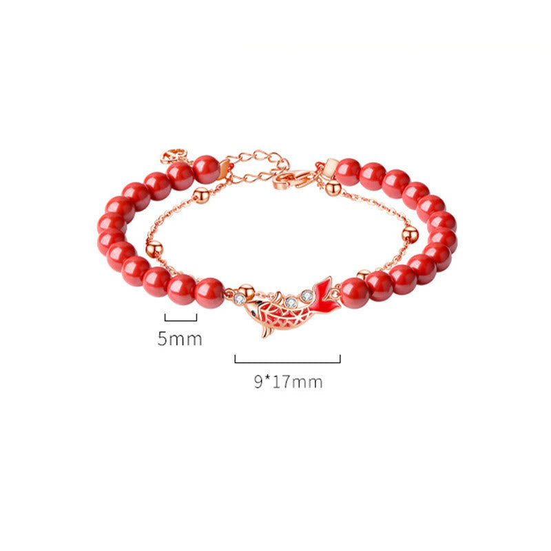 Mythstone 925 Sterling Silver Lucky Koi Fish Cinnabar Zircon Prosperity Double Layer Chain Bracelet