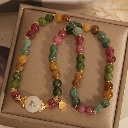 Mythstone Natural Multicolored Tourmaline Positive Jade Flower Double Wrap Bracelet