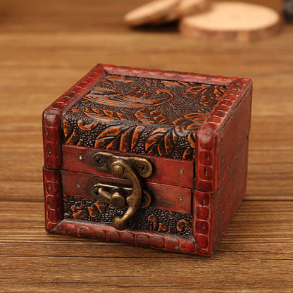 Mythstone Retro Small Square Wood Jewelry Box Lotus Grass Flower Grape Copper Coin Daffodil Jewelry Storage Box