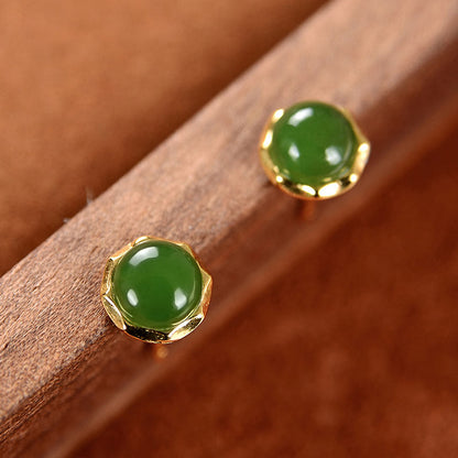 Mythstone 925 Sterling Silver Plated Gold Natural Hetian Cyan Jade Bead Luck Stud Earrings